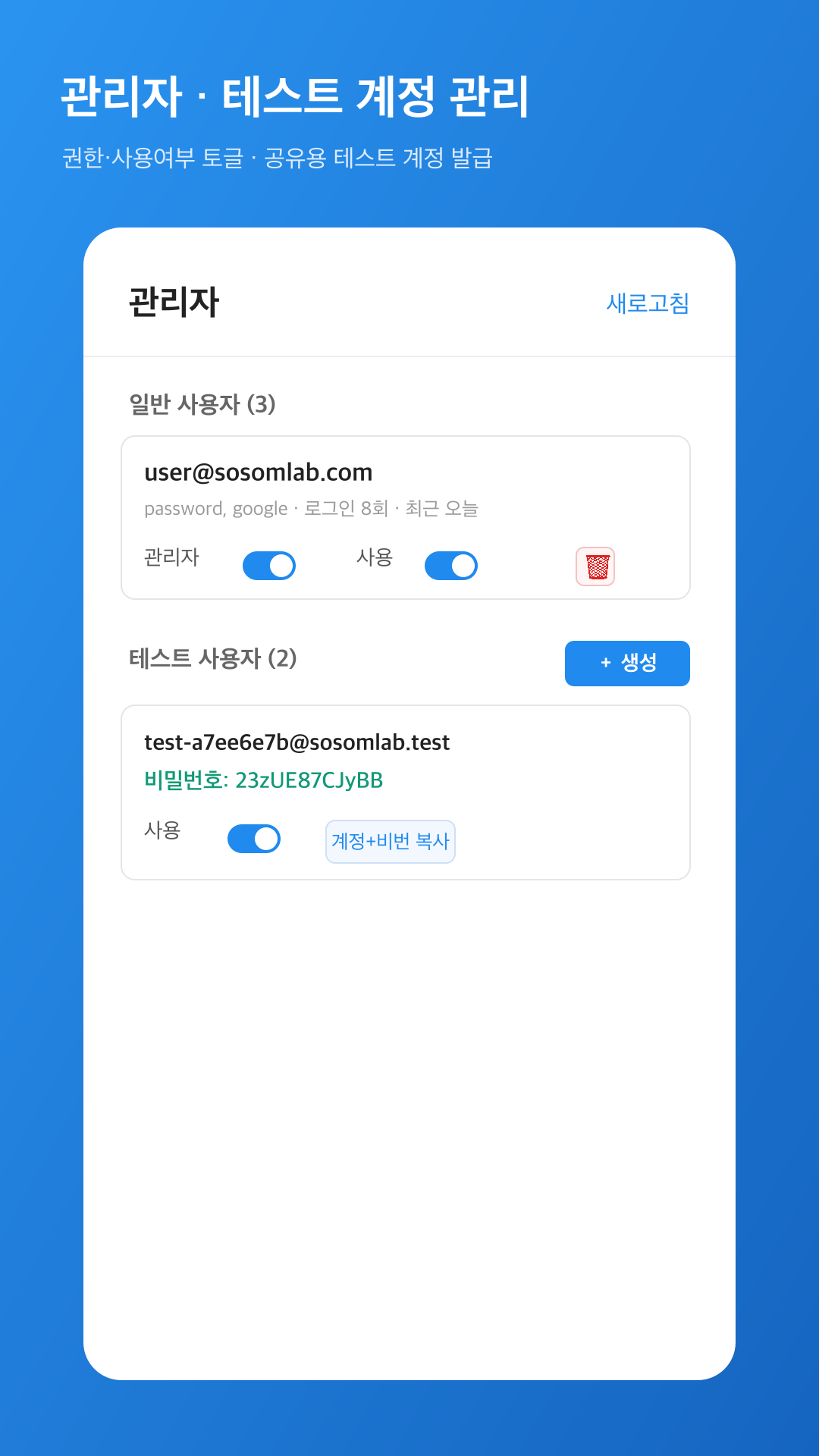 관리자 — 권한·사용 토글·테스트 계정 발급